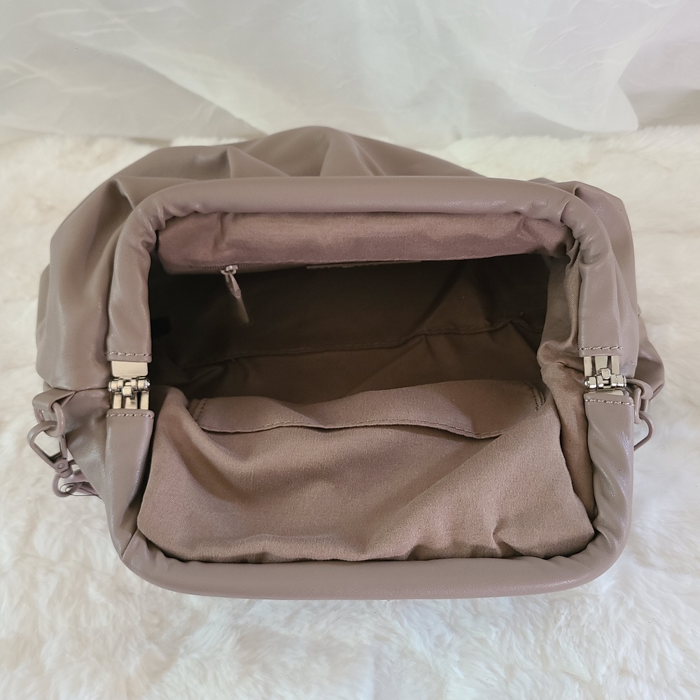 Badgley Mischka Vegan Leather Taupe Pleated Logo Shoulder Bag – NWT - Picture 8 of 10